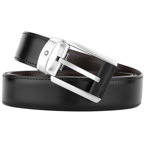 MontBlanc/萬寶龍 男士黑色當(dāng)代系列緞砂矩形針式單面皮帶/腰帶 38158