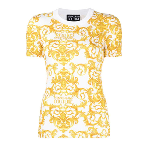 VERSACE JEANS/范思哲牛仔 女士拼色棉質混紡彈性纖維經典巴洛克印花裝飾圓領短袖上衣T恤 B2HWA708-S0155 多色可選