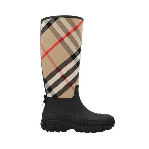 BURBERRY/博柏利 女士拼色經典格紋裝飾中筒靴雨靴 8041960