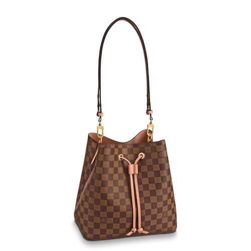 Louis Vuitton/路易威登 22春夏新款NEONOé系列 女士烏木色棋盤格帆布飾粉色細節(jié)金扣單肩斜挎手提抽繩水桶包N40198