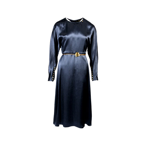 HUI/卉 女士連衣裙20春季新款啞光霧面藍色連衣裙袖口經(jīng)典小金扣排扣設(shè)計