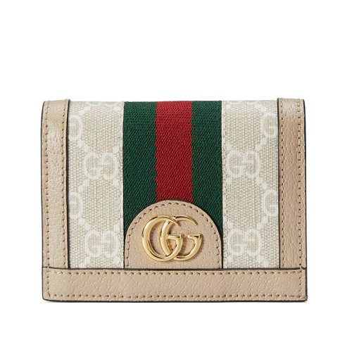 Gucci/古馳 22新款 Ophidia系列 女士白色/象牙色帆布配皮米色飾面綠紅條紋按扣錢包523155UULAG9682