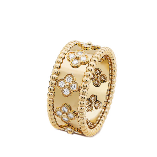 Van Cleef & Arpels/梵克雅寶 Perlée trèfles系列 小號款18K金黃金三葉草圖案鑲嵌28顆鉆石戒指指環VCARO9NC00