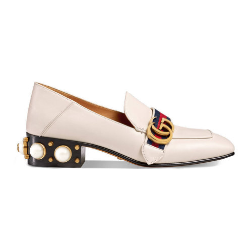 GUCCI/古馳  Marmont女士白色皮革后尾珍珠雙G扣中跟鞋 ?423559 DKHC0 9061