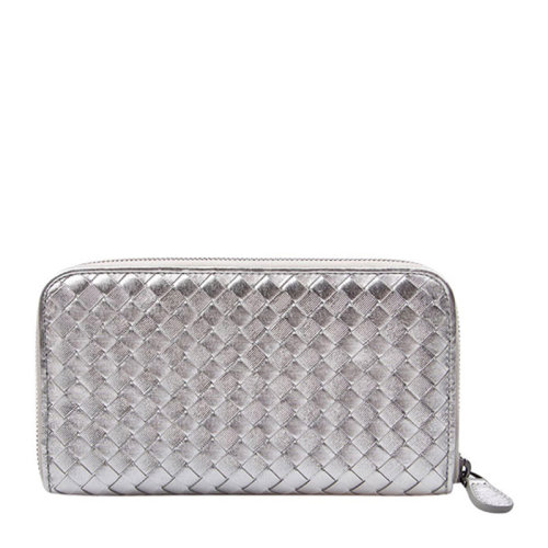 Bottega Veneta/葆蝶家 女士銀色羊皮編織拉鏈開合長款錢夾錢包卡包手包手拿包女包 114076-V0041-1420