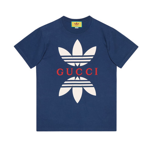 GUCCI/古馳 22年秋冬新款 adidas聯名系列 男士藍色純棉三葉草印花短袖T恤548334XJEMJ4622