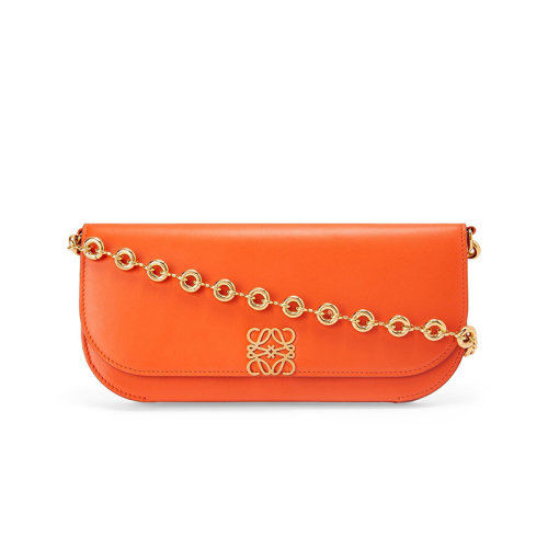 LOEWE/羅意威 22春夏新款Goya系列 女士長款橙色絲綢牛皮風琴結構單肩手提手拿鏈條包A896O45X01-9100