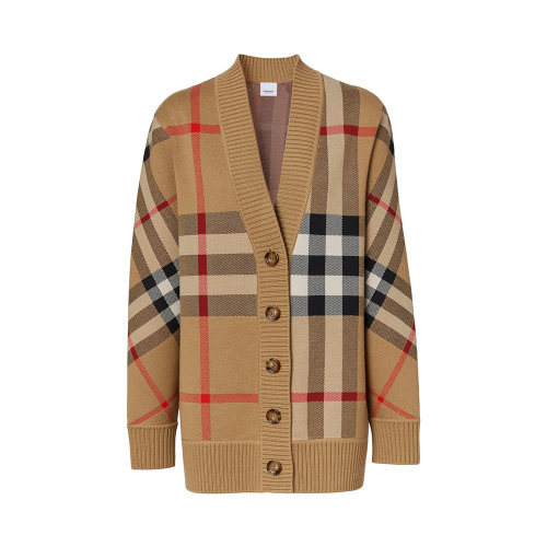 BURBERRY/博柏利 女士米色滌綸混紡羊毛復古格子圖案V領開衫針織衫 8039153