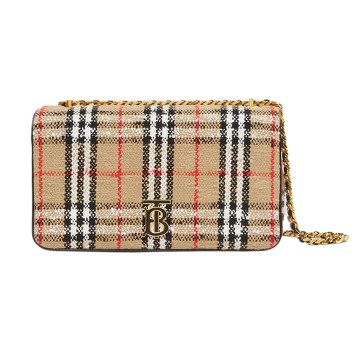BURBERRY/博柏利 22新款 Lola Vintage系列 女士中號(hào)棕色圈圈棉/羊毛混紡格紋圖案翻蓋磁扣開合拋光金屬單肩斜挎包80630821