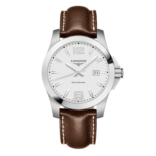 LONGINES/浪琴  康卡斯系列 石英表精鋼表殼銀面皮質表帶男表41毫米L3.759.4.76.5