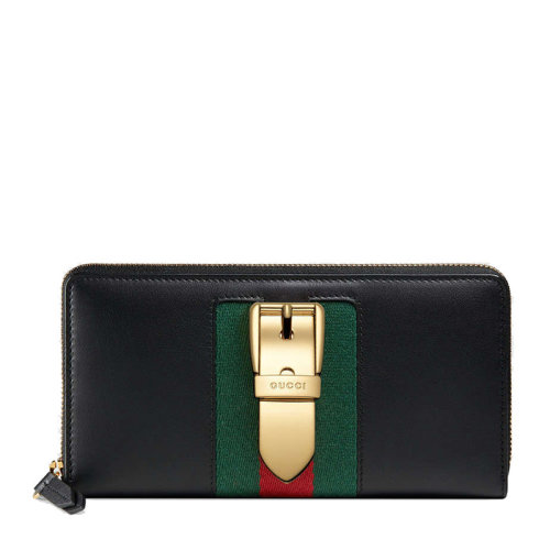 GUCCI/古馳 女士黑色時尚條紋拼接金屬扣封全拉鏈長款錢包