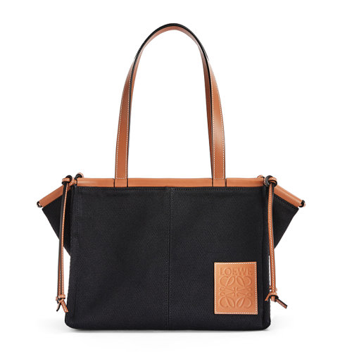 LOEWE/羅意威 20  Cushion Tote系列 女士小號黑色/棕褐色帆布小牛皮單肩手提托特包0010576148
