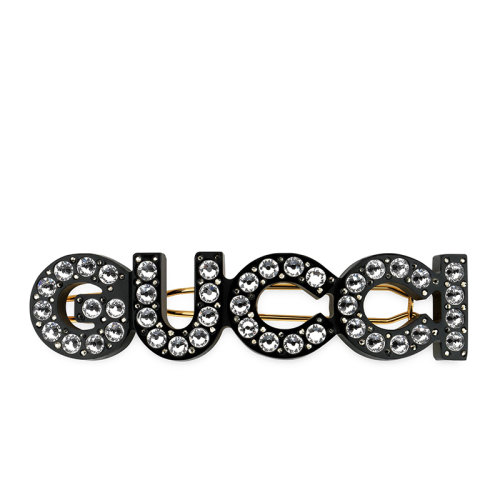 GUCCI/古馳  黑色樹脂Gucci徽標水晶發卡657510I63258519