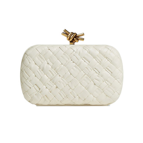 Bottega Veneta/葆蝶家 22新款 女士白色小牛皮編織圖案黃銅飾面磁性框架開合單肩斜挎包717622V2H419233