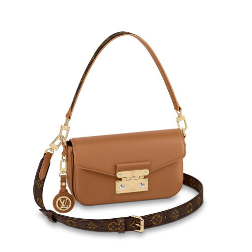 Louis Vuitton/路易威登 22春夏新款SWING系列 女士榛子色牛皮革金扣徽標吊飾配可拆卸老花帆布肩帶單肩斜挎手提包M20396
