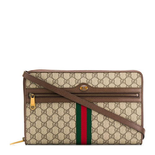 GUCCI/古馳   男士卡其色PU配皮經典復古雙G圖案時尚單肩斜挎包
