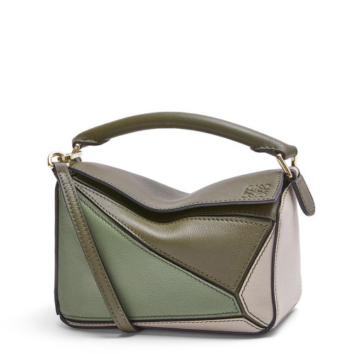 LOEWE/羅意威 20  Puzzle系列 女士迷你秋綠色/淺燕麥色小牛皮拉鏈開合單肩斜挎手提拼圖包0010618247