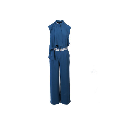 HUI/卉 女士休閑套裝20春夏新款深藍色無袖圓領套頭衫+刺繡闊腿褲套裝