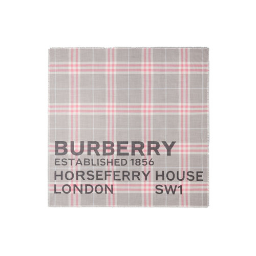 BURBERRY/博柏利 22年秋冬新款 Horseferry系列 男女同款淡灰色/淡粉色絲毛混紡印花格紋大號方巾80573881