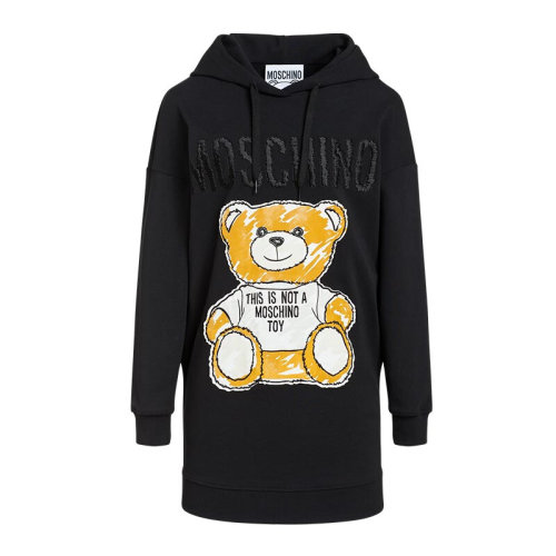 MOSCHINO/莫斯奇諾 泰迪熊圖案 女士黑色棉質抽繩連帽連衣裙 DV044804261555
