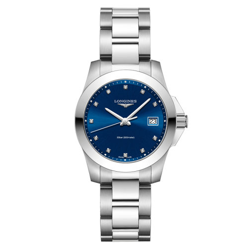LONGINES/浪琴 康卡斯系列 女士圓形鋼質表殼藍色表盤石英表 34毫米L3.377.4.97.6