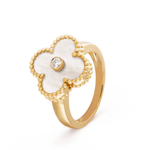 Van Cleef & Arpels/梵克雅寶 經典Vintage Alhambra系列 18K金黃金鑲嵌白色珍珠貝母和一顆鉆石幸運四葉草戒指 VCARA41100