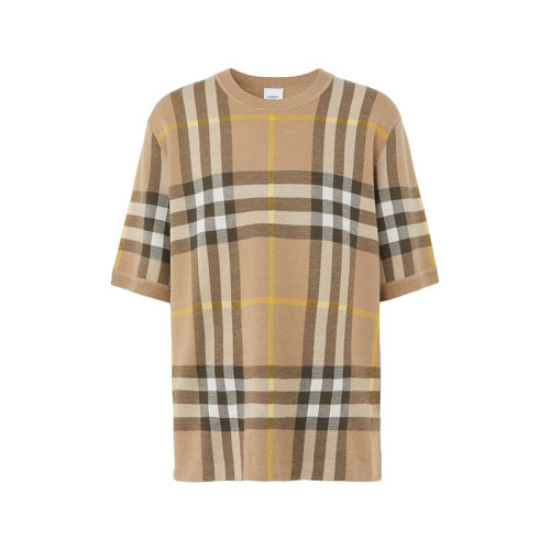 BURBERRY/博柏利 22年春夏新款 男士松露色絲羊混紡格紋提花短袖上衣T恤80549171