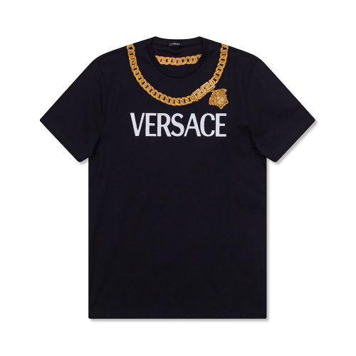 VERSACE/范思哲 女士黑色棉質徽標印花裝飾圓領短袖上衣T恤 1004159-1A02991-2B070