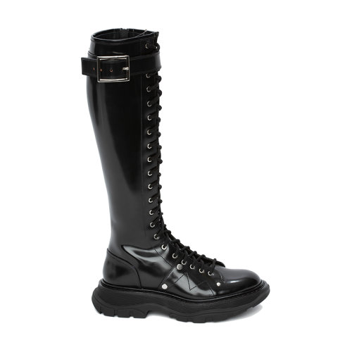Alexander McQueen/亞歷山大麥昆 22年秋冬新款 Tread系列 女士黑色牛皮革系帶靴高筒靴595466WHZ811081