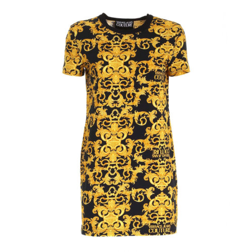 VERSACE JEANS/范思哲牛仔 女士黑金拼色經典巴洛克圖案印花裝飾圓領短袖連衣裙 D2HWA401-S0155-899