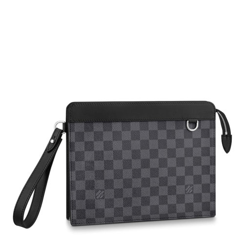Louis Vuitton/路易威登 22春夏新款STANDING POUCH系列 男士黑色棋盤帆布配皮徽標印花銀扣拉鏈開合手拿包N64612