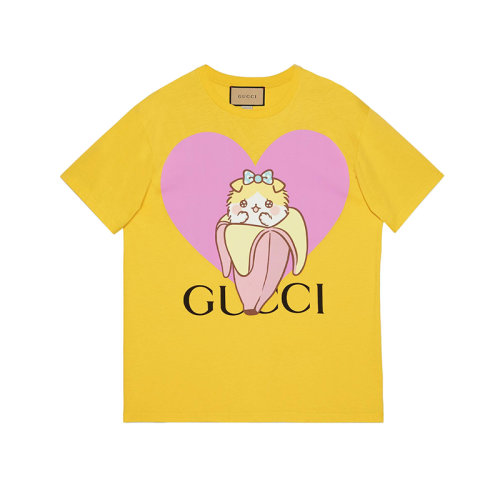 GUCCI/古馳 22年秋冬新款 愛(ài)的進(jìn)行曲系列 女士黃色純棉心形Bananya印花短袖T恤615044XJD8I7269
