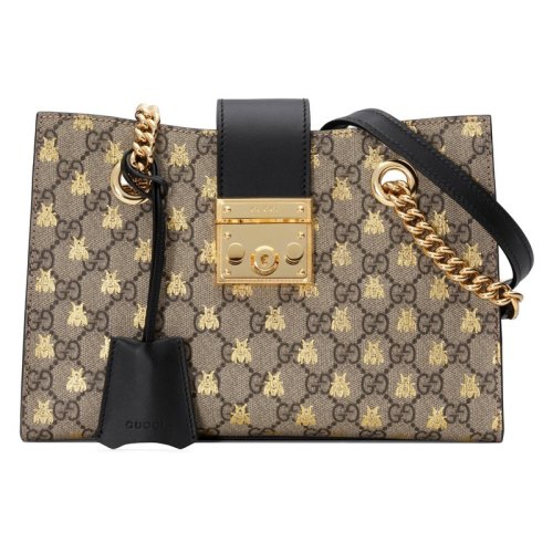 GUCCI/古馳 Padlock女士小號黑金帆布小蜜蜂金屬鎖扣鏈條單肩手提包 ?498156 9F26G 8319