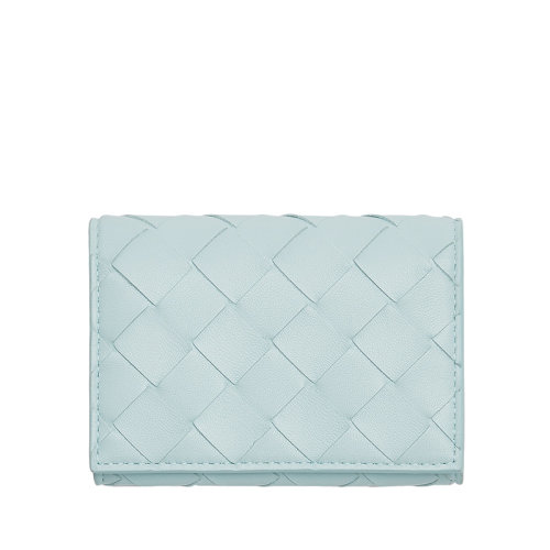 Bottega Veneta/葆蝶家 22春夏新款 女士水洗青色Intrecciato編織皮革雙折按扣卡包690573VCPP33902