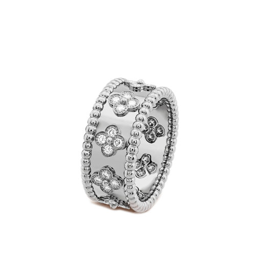 Van Cleef & Arpels/梵克雅寶 Perlée trèfles系列 小號款18K金白金三葉草圖案鑲嵌28顆鉆石戒指指環VCARO9ND00