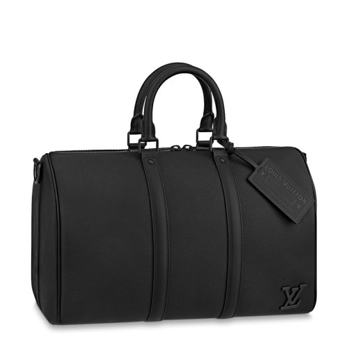 Louis Vuitton/路易威登 22春夏新款KEEPALL 40系列 男士黑色牛皮配可拆卸吊飾徽標肩帶單肩斜跨手提旅行包M57088