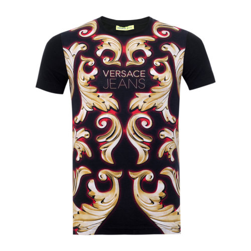 VERSACE JEANS/范思哲牛仔 男士黑色棉質經典字母徽標印花裝飾圓領短袖上衣T恤 B3GNA762-36069-899