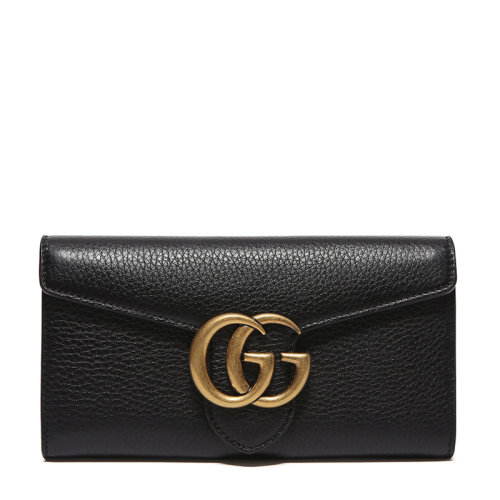 GUCCI/古馳 GG Marmont系列女士黑色牛皮雙G徽標按扣開合錢包手包手拿包女包 400586-A7M0T-1000