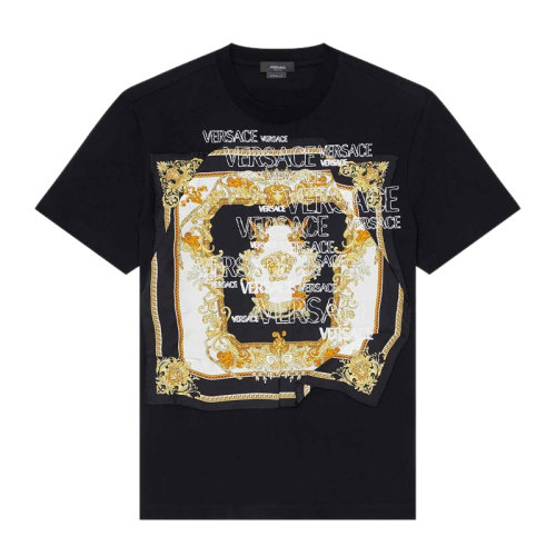 VERSACE/范思哲 男士黑色棉質(zhì)經(jīng)典字母徽標印花裝飾圓領短袖上衣T恤 1000851-1A00661-2B130