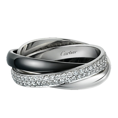 CARTIER/卡地亞 TRINITY系列 鑲嵌鉆石18K金白金黑色陶瓷戒指B4095500