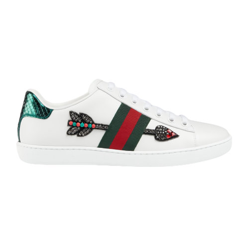  GUCCI/古馳  Ace女士白色皮革水晶箭頭刺繡經(jīng)典休閑運動鞋45455102JP09064