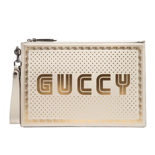 GUCCI/古馳女士皮質(zhì)白色燙金印花手拿包ak510489【奧萊】