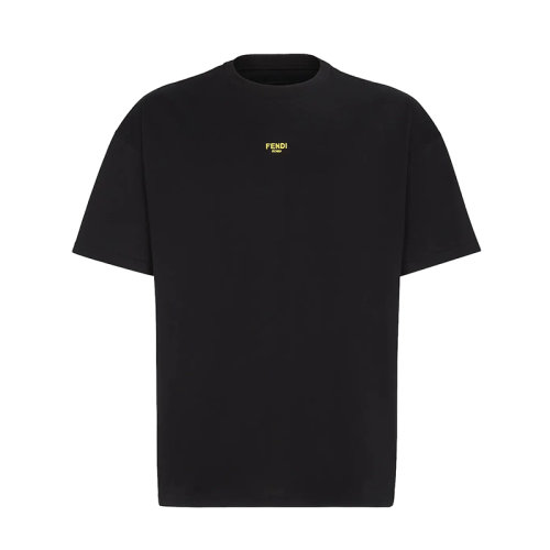 FENDI/芬迪 22年早春新款 男士黑色純棉黃色微型Logo刺繡短袖T恤FY3936AILBF0QA1