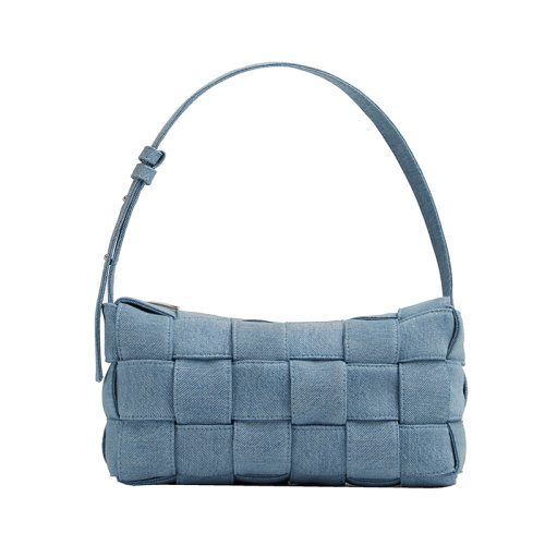 Bottega Veneta/葆蝶家 22新款 女士靛藍(lán)水洗牛仔布飾 Intreccio圖案銀色飾面磁扣翻蓋開合方型單肩包709628V2A014948