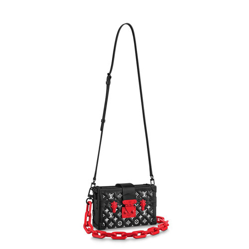 Louis Vuitton/路易威登 經典款PETITE MALLE系列 女士黑色羊皮革飾白色徽標老花壓花配紅色粗鏈條鎖扣可拆卸肩帶單肩斜挎手拿鏈條盒子包M59638