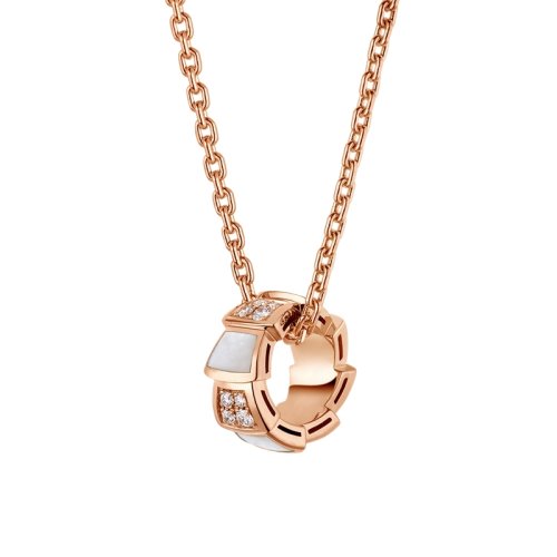 BVLGARI/寶格麗 Serpenti系列 經典款白貝母18K金玫瑰金帶鉆 蛇形項鏈 357095 白貝母