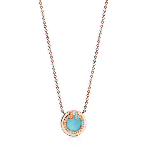 Tiffany & Co./蒂芙尼 經典Tiffany T系列 18K金玫瑰金鑲嵌綠松石鉆石圓形吊墜項鏈67520580