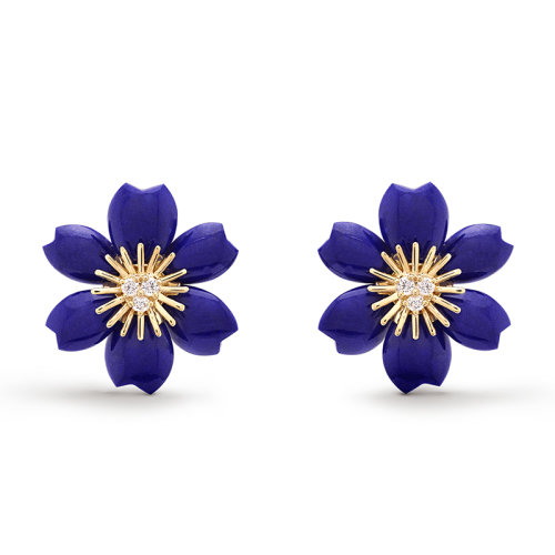 Van Cleef & Arpels/梵克雅寶 Rose de No?l系列 18k金黃金飾有青金石鑲嵌鉆石迷你圣誕玫瑰耳環  VCARP7RW00
