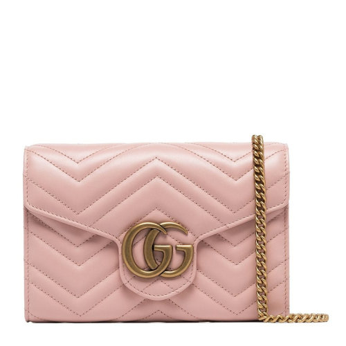 GUCCI/古馳  marmont系列女士粉紅色牛皮波浪紋WOC做舊雙G LOGO絎縫單肩包斜挎包女包 474575-DTD1T-5909