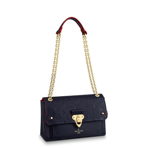 Louis Vuitton/路易威登 22春夏新款Vavin系列 女士小號海軍藍老花壓花牛皮革紅色細節飾邊金扣金鏈翻蓋開合單肩斜挎鏈條包M52271